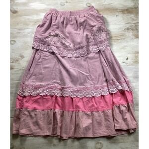 Pink Crochet Tiered Maxi Skirt Women's XL Boho Belly Dancing